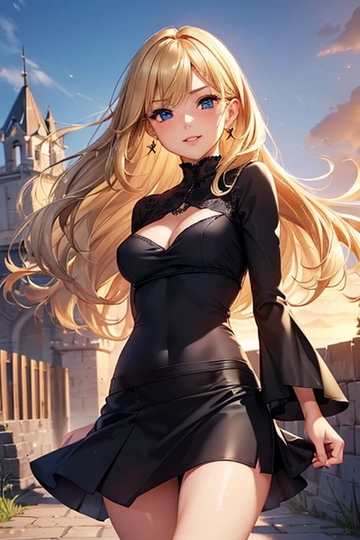 #Basics A girl is posing for a photo, animeのかわいい女の子, (((One Girl, Baby Face, Young girl, 16 years old))), 
BREAK 

#Clothing Accessories 
((Black Long(Tight Skirt)dress:1.4), The fabric is made of high-quality materials such as smooth satin and chiffon., (Sheer wide sleeves), (A sheer black lace haori), Black High Heels), 
(Earrings, jewelry, eye shadow, lipstick), 
BREAK 

#Features 
((Blonde:1.4), Curly hair:1.4, (Long Hair : Long Hair + Wavy Hair + Hair blowing in the wind)),  
(Droopy eyes, blue eyes), (Small breasts),  
BREAK 

#background environment 
((noon, Castles in a fantasy world:1.4)), 
#Facial Expression Pose
((Wicked Smile), (Are standing)), 
#composition 
((Face the camera, Angle from the front, Cowboy Shot:1.4)), 
BREAK 

#Body parts elements 
(Detailed hair, Beautiful Hair, Shiny Hair), 
(double eyelid, Long eyelashes), 
(Expression of fine eyes, Beautiful and delicate eyes, Sparkling eyes, Eye Reflexes, Glitter Eyeliner), 
(Human Ear), 
(Beautiful Nose, Thin Nose), 
(Glossy lips, Beautiful Lips, Thick lips, Glossy Lips, Natural Cheeks), 
(Detailed face, Symmetrical facial features), 
(Detailed skin, Textured skin, Beautiful Skin, Shiny skin), 
BREAK 

#Quality 
(((Highest quality)), ((masterpiece)), ((Very detailed))), ((High resolution), (16K,1080P)), 
(Realistic), (Anatomically correct), 
((comics, anime)), (3DCG), CG illustration,

