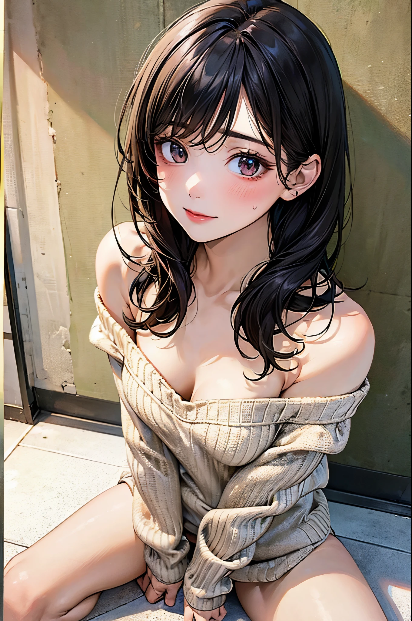 ((best quality)), ((masterpiece)), (detailed), 1girl. off-shoulder sweater. Bottomless. Black hair. Spread legs. Cleavage. Vagina. Small breast.