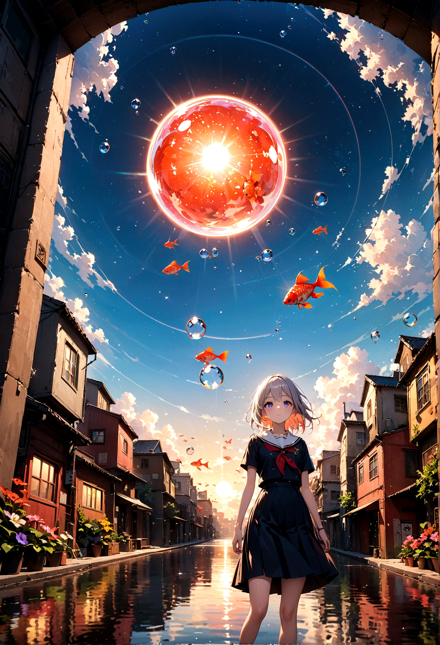 woman\(student, , JK, Short silver hair floating, Space-colored eyes, school black uniform, Pale skin, Tired face、lack of shine in the eyes\) Looking up at the sky, (Many shiny red scale goldfish swimming in the air), (Transparent bubbles, like those in water, sparkle here and there in the sky.), Beautiful sky, Beautiful Clouds, There is a puddle on the ground、The scenery is beautifully reflected, Looking up at the wide sky from a narrow back alley in a cluttered downtown area, Colorful summer flowers are blooming everywhere., I see the wind blowing and shining, There is a noon moon and a noon star in the sky,From below, break ,quality\(8K,非常に精細なCGユニットのwallpaper, masterpiece,High resolution,top-quality,top-quality real texture skin,Surreal,Increase the resolution,RAW Photos,最高quality,Very detailed,wallpaper,Cinema Lighting,Ray-tracing,Golden Ratio\),Take the long view