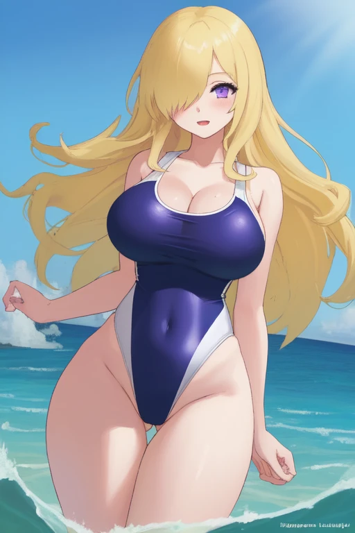 ((Best Quality)), ((Masterpiece)), (detailed), 1 girl, Pastel yellow hair, long hair, hair covers one eye, purple eyes, tight, big breasts, big thighs, Swimsuit, beach in the water happy
