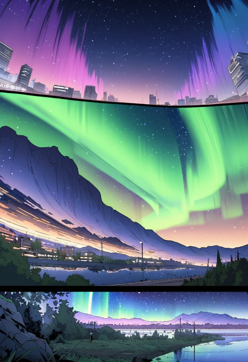 Beautiful view with simple but modern buildings on the river bank, views of the bright starry sky and the aurora. Manhwa style.