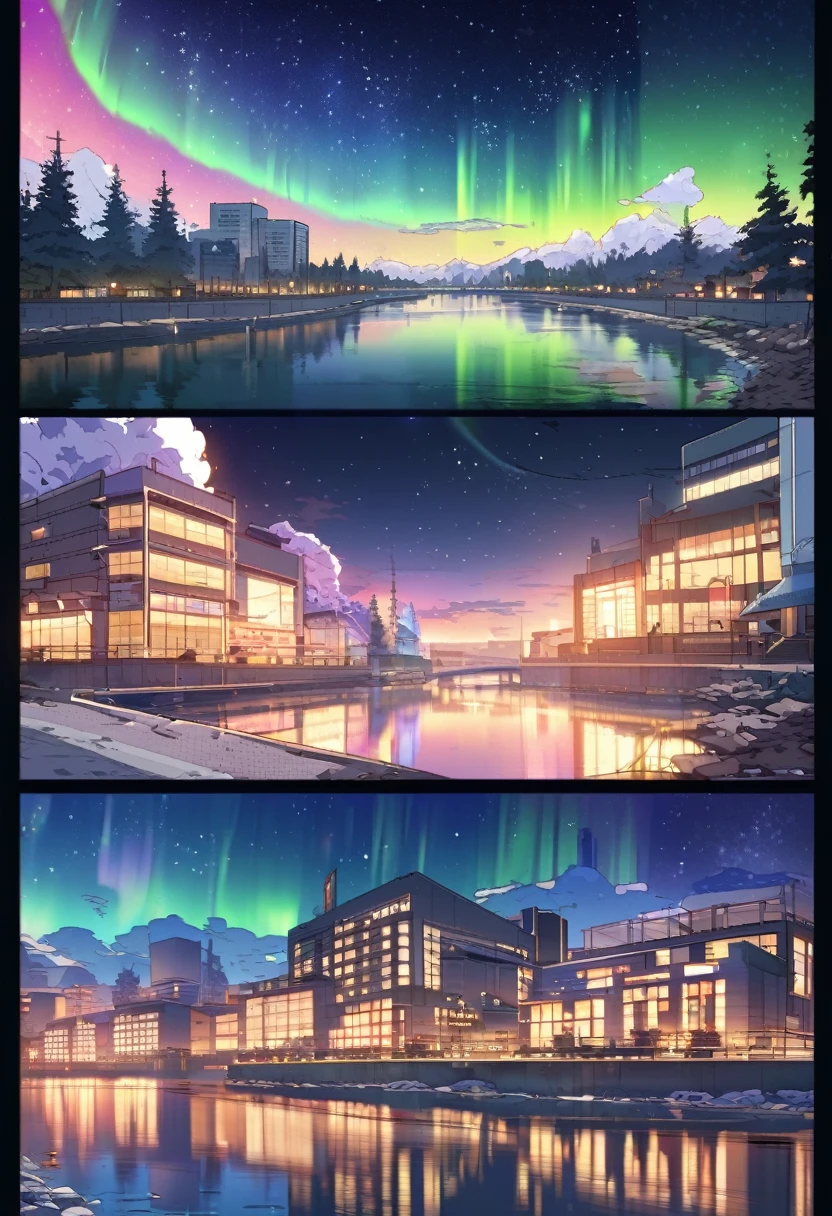 Beautiful view with simple but modern buildings on the river bank, views of the bright starry sky and the aurora. Manhwa style.