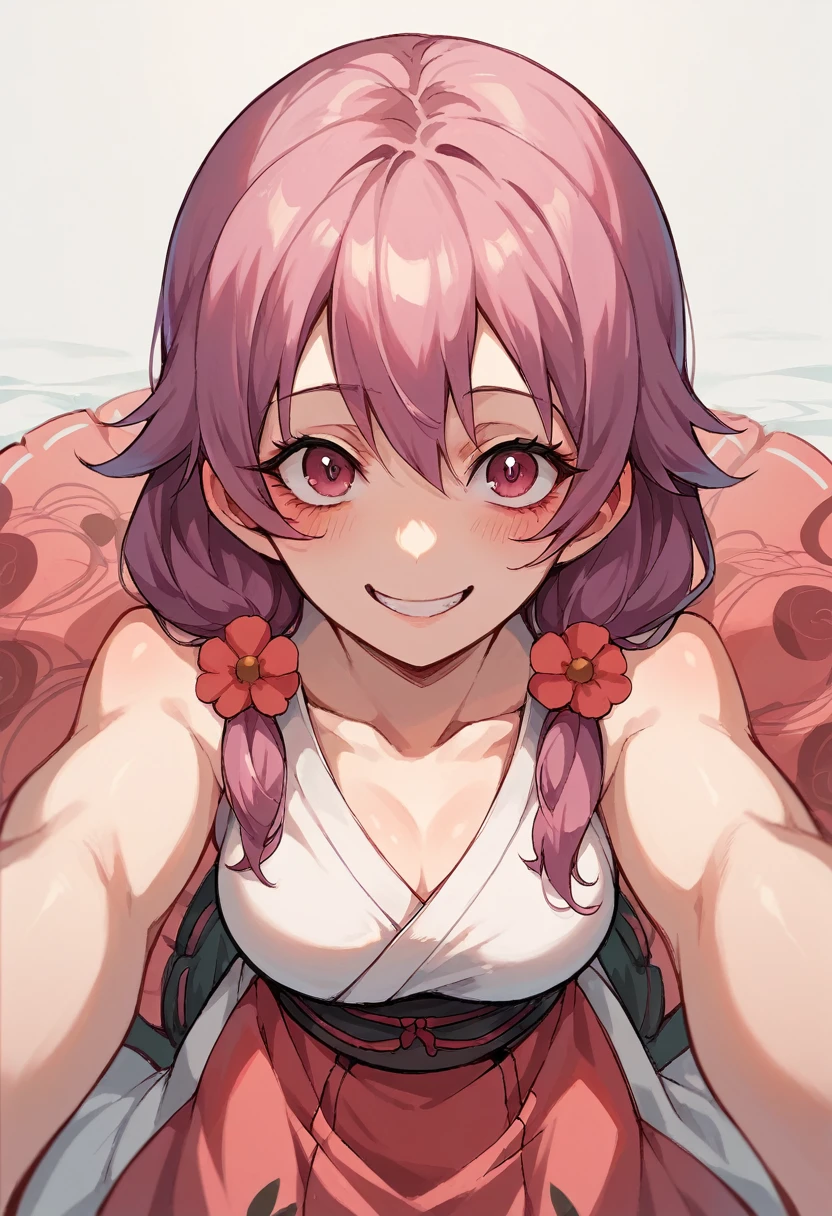 Yuno Gasai, 1 girl, alone, pink hair, long hair, traditional Mexican dress, smile, blush, pink eyes, skirt, two stories, bun, pov, yandere, in Mexico