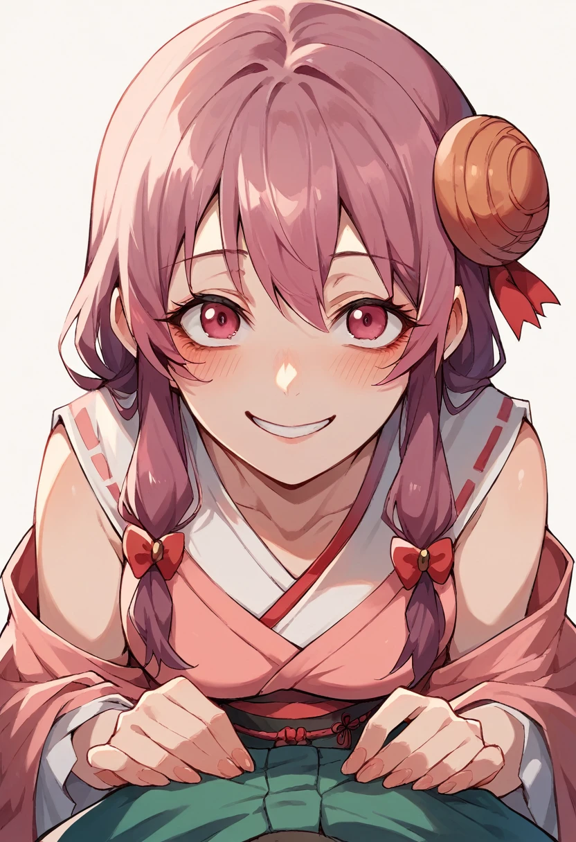 Yuno Gasai, 1 girl, alone, pink hair, long hair, traditional Mexican dress, smile, blush, pink eyes, skirt, two stories, bun, pov, yandere, in Mexico