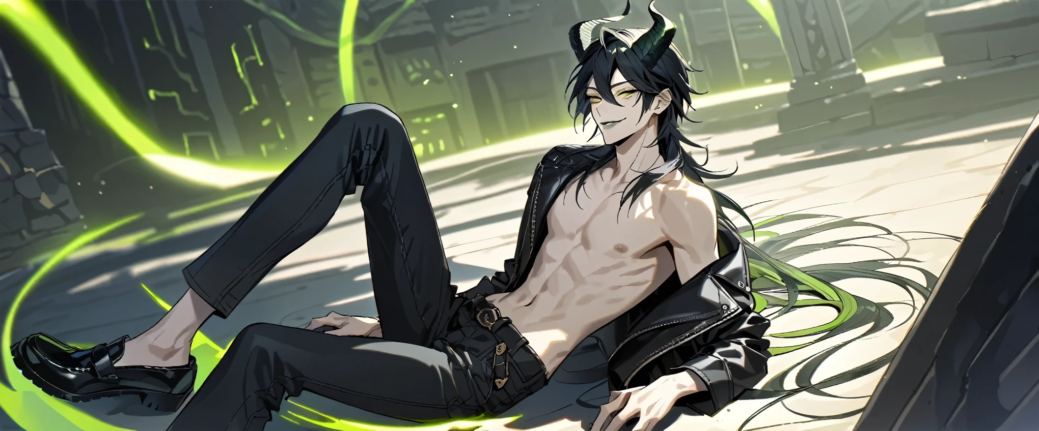 masterpiece, highres, absurdres, illustration, 1boy, sitting on floor, topless, black leather jacket, jeans, dynamic angle, malleus draconia (twisted wonderland) horns, bishounen, boy, male, yana Toboso style, long hair, black hair, yellow green eyes, smile, gray lips, handsome, skinny, tall, yellow green glow,