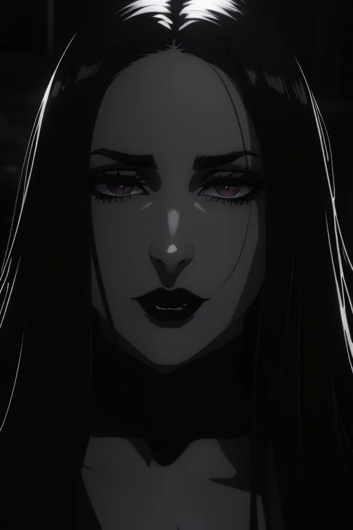realistic 8k detailed portrait of a sexy gothic girl, long dark hair, pale skin, dramatic eye makeup, black lipstick, dark clothing, cinematic lighting, moody atmosphere, chiaroscuro, dark and mysterious aesthetic, high fashion, vogue, glamour