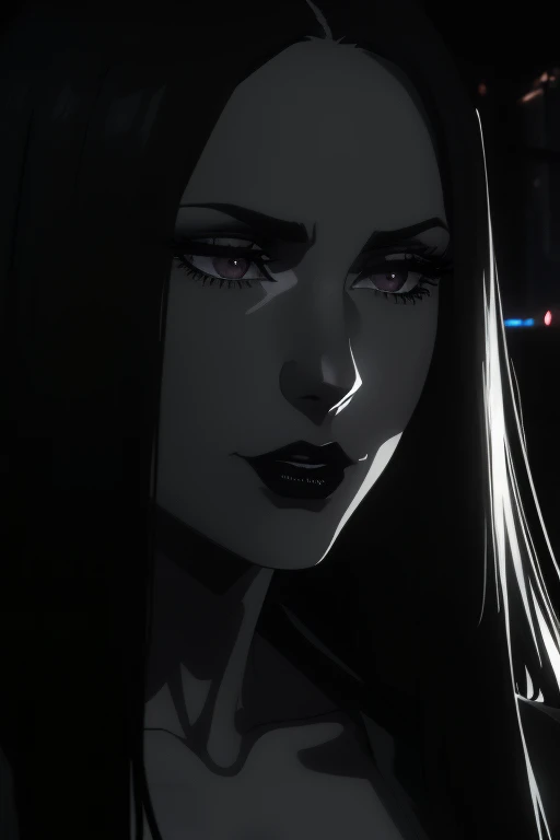 realistic 8k detailed portrait of a sexy gothic girl, long dark hair, pale skin, dramatic eye makeup, black lipstick, dark clothing, cinematic lighting, moody atmosphere, chiaroscuro, dark and mysterious aesthetic, high fashion, vogue, glamour