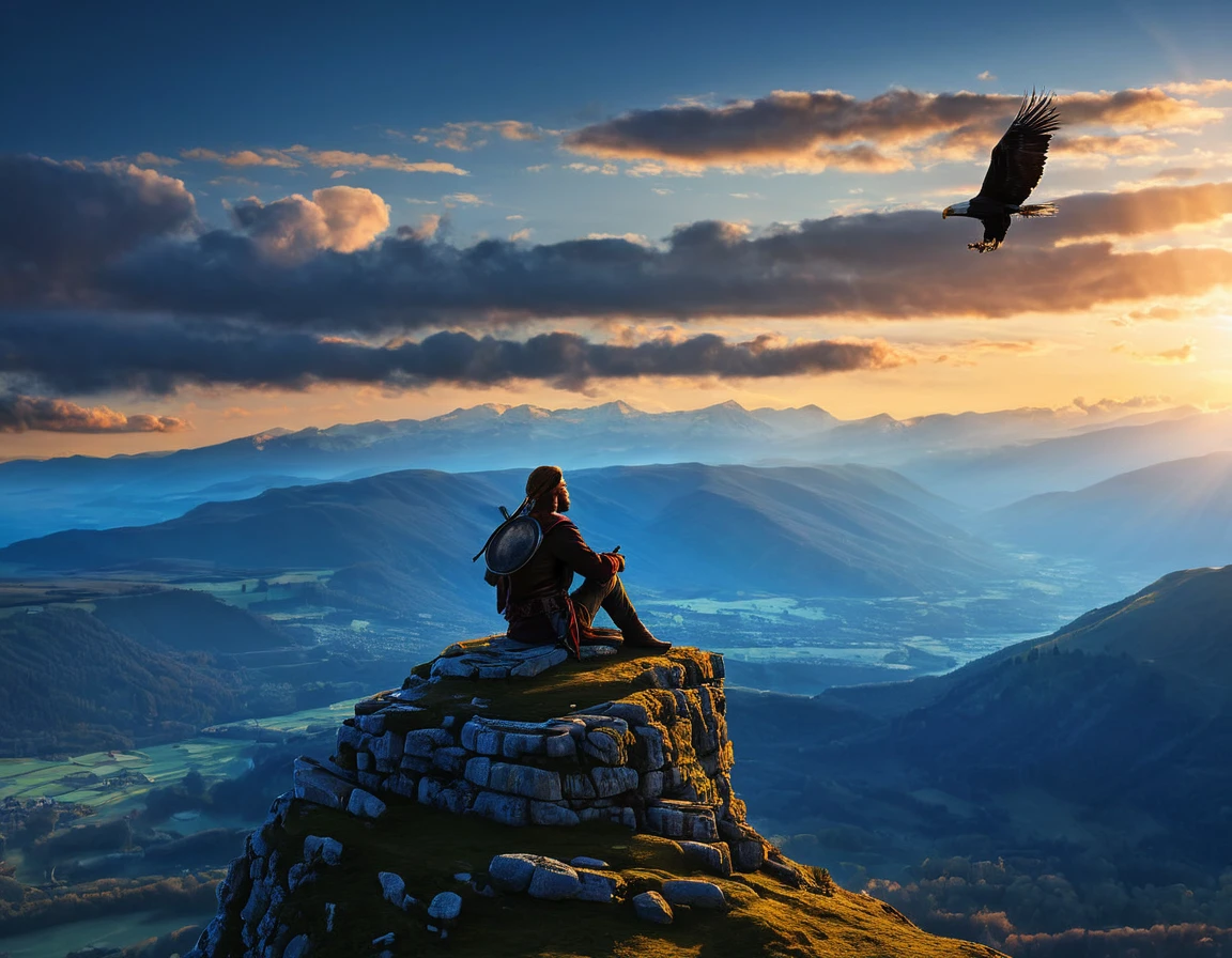 (Une sublime archeress assise sur le dos d'un immense aigle), s'envole dans un ciel radieux, (un seul arc tendu à la main), long cheveux flottants, la flèche tendue vers le soleil couchant, une flèche vient d'être décochée,  vue de côté , pose dynamique , bouche ouverte elle hurle sa rage de vaincre , ((archeress , en lévitation)) , proportions parfaites, masterpiece, hyperRéaliste, masterpiece, superior quality, high resolution, Extremely detailed, highly detailed 8K wallpaper, détails fractales, 