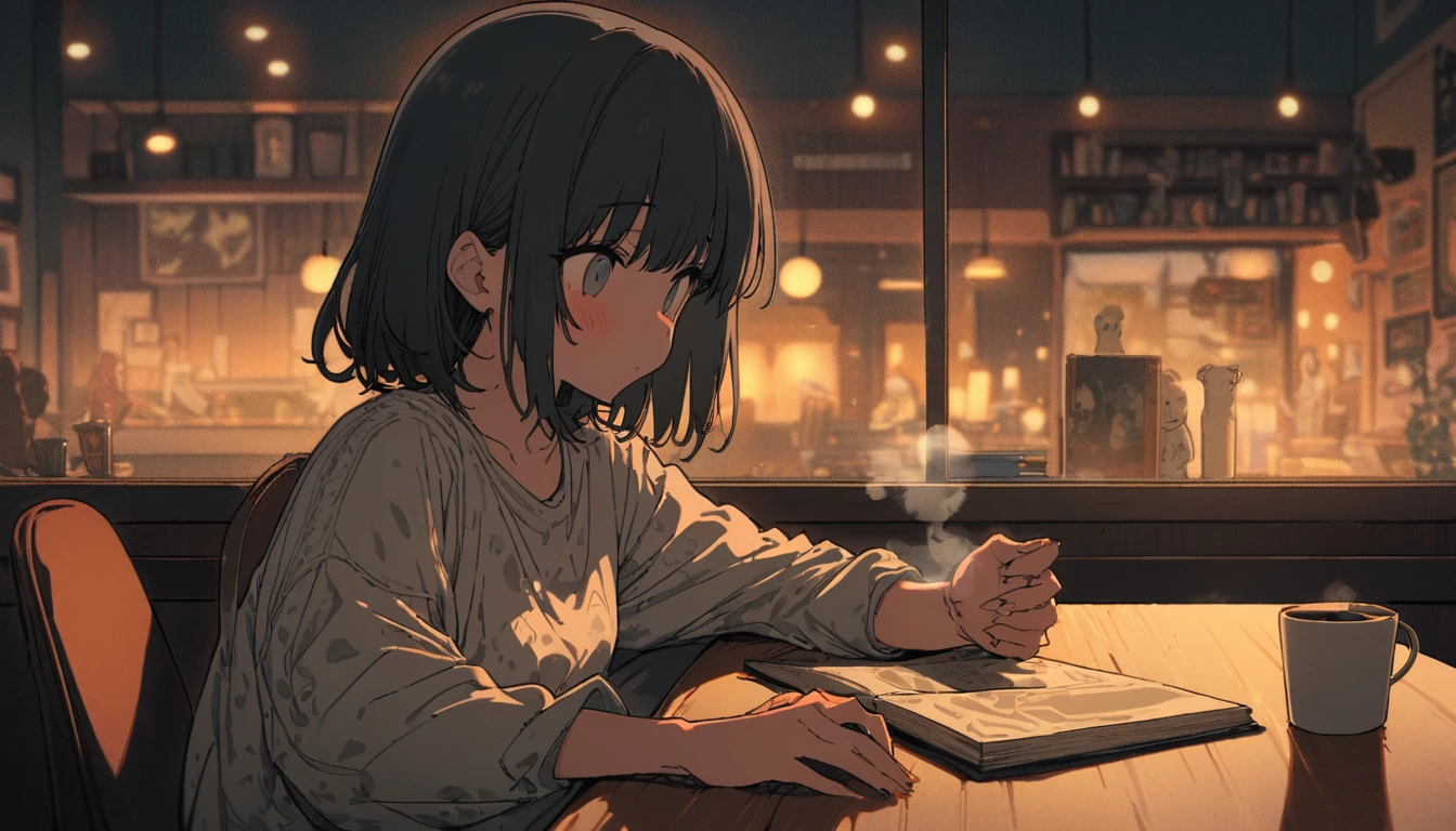 ((anime:1.4,figure)),(masterpiece, Highest quality, Highest quality),(Super detailed, The absolute solution),((16K, High resolution)), (((Cozy café interior,evening, Comfortable chair, Book, soft,A cup of steaming coffee on a table, Warm indirect lighting creates a calm atmosphere))), ((anime:1.4, figure)),(masterpiece, Highest quality, Highest quality),(Super detailed, The absolute solution),((16K, High resolution)) break {Lofi Art, Laurie Griesley's style, Makoto Shinkai's Style, anime aesthetic}, break { (Generates images with over 40 million pixels of information with the detailed texture of films shot with Sony SLR cameras。).}