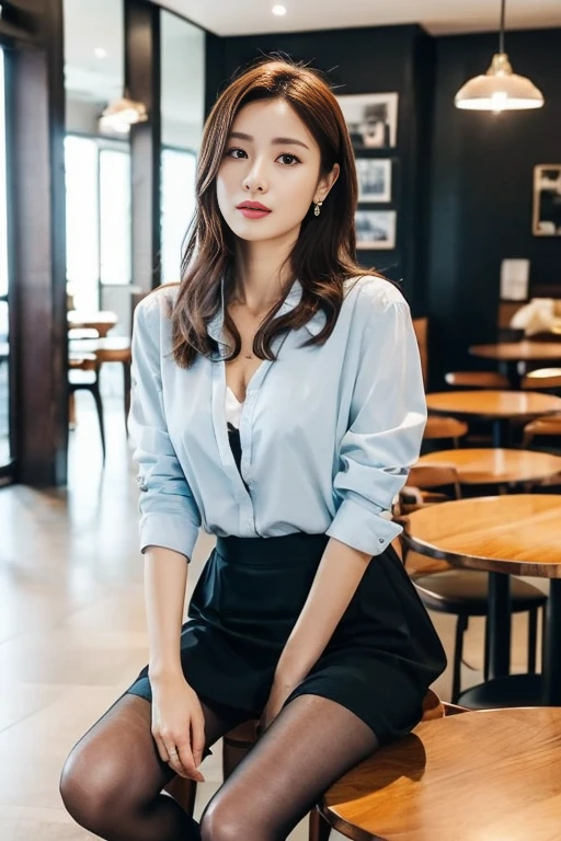 (Highest quality、Ultra-high resolution、masterpiece、8K)、(Delicate face、Detailed eyes and face、Watery eyes、double eyelid、Glossy lips), ((1 girl)) 、Very beautiful woman、Slender、Slim Big、Sharp long legs、Alluring and sexy、(A brightly colored collared shirt:1.2)、(Skirts in flashy colors:1.3),(silk pantyhose:1.1),(High heels)、Cleavage、Sitting pose、Perfect body、Two perfect legs、Detailed shoes、Anatomically correct、High-definition skin texture、An open cafe in an empty town