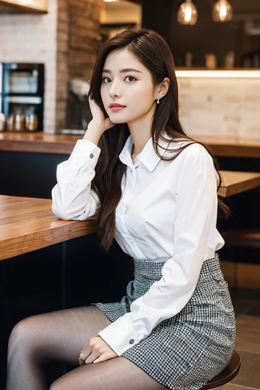 (Highest quality、Ultra-high resolution、masterpiece、8K)、(Delicate face、Detailed eyes and face、Watery eyes、double eyelid、Glossy lips), ((1 girl)) 、Very beautiful woman、Slender、Slim Big、Sharp long legs、Alluring and sexy、(A brightly colored collared shirt:1.2)、(Skirts in flashy colors:1.3),(silk pantyhose:1.1),(High heels)、Cleavage、Sitting pose、Perfect body、Two perfect legs、Detailed shoes、Anatomically correct、High-definition skin texture、An open cafe in an empty town
