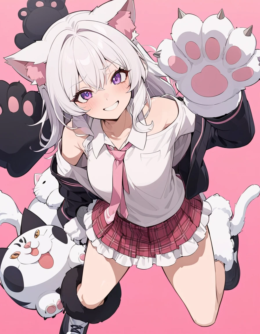 Anime masterpiece, one beautiful catgirl with white hair wearing a school dress and ((big cat paw plush gloves)) with big plush cat paw. The girl have loose shirt with loose long necktie, off-shoulder shirts, and cute mini skirt. 
She have cute face neko details, a roaring smile, and is in a playful playing pose with cat-like roaring with a pow higher than the other one. The scene in anime style, with pink flat background. Nearly Full body composition