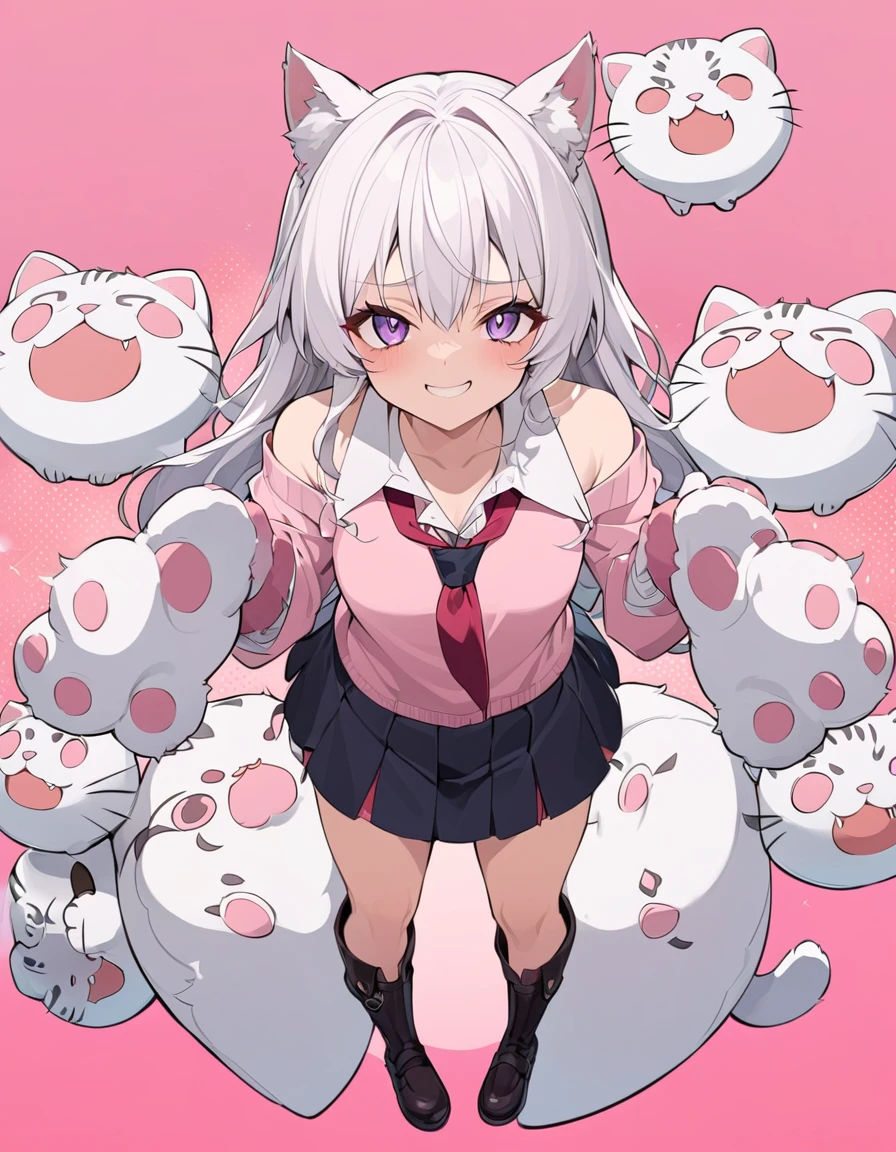 Anime masterpiece, one beautiful catgirl with white hair wearing a school dress and ((big cat paw plush gloves)) with big plush cat paw. The girl have loose shirt with loose long necktie, off-shoulder shirts, and cute mini skirt. 
She have cute face neko details, a roaring smile, and is in a playful playing pose with cat-like roaring with a pow higher than the other one. The scene in anime style, with pink flat background. Nearly Full body composition