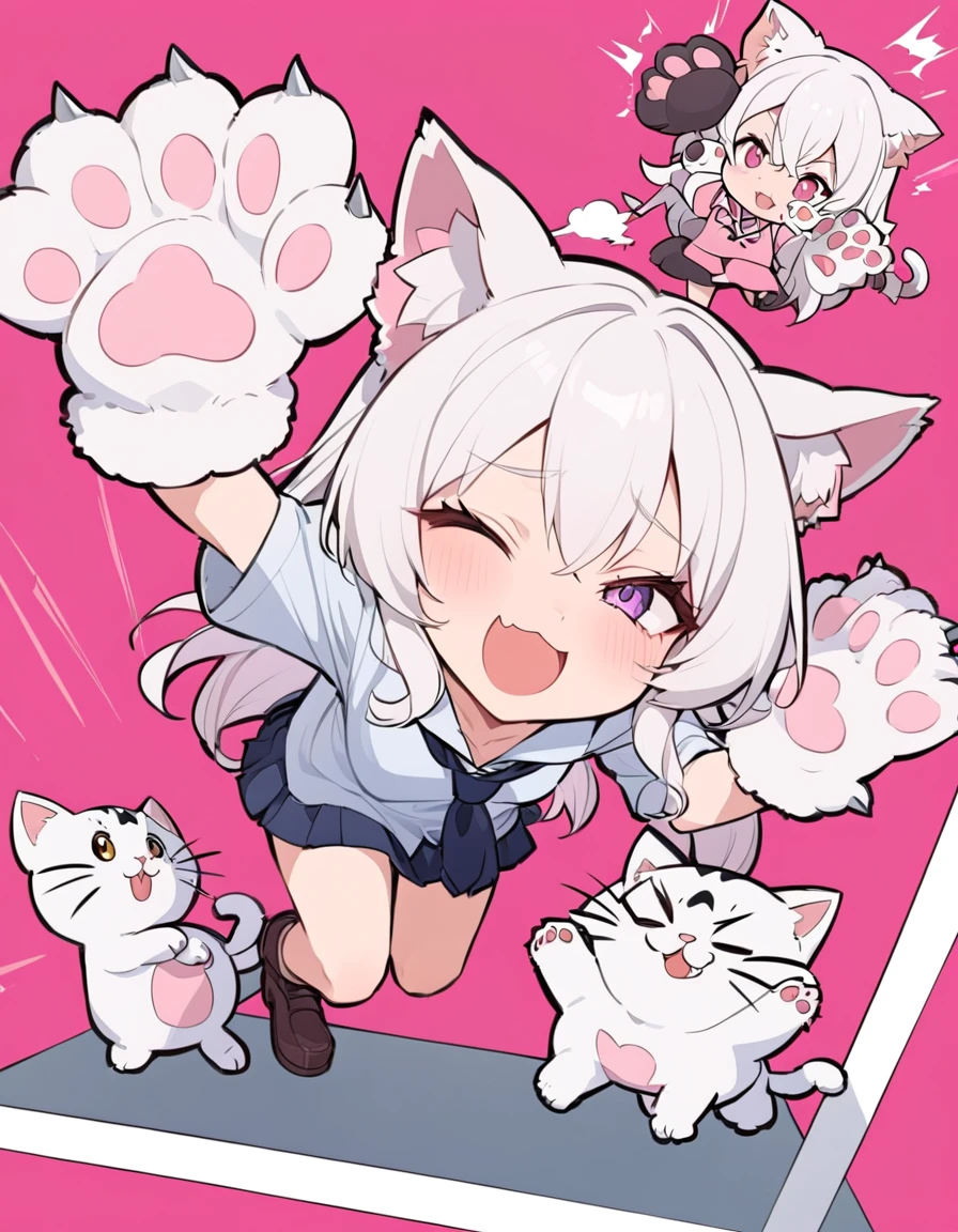 Anime masterpiece, one beautiful catgirl with white hair wearing a school dress and ((big cat paw plush gloves)) with big plush cat paw. The girl have loose shirt with loose long necktie, off-shoulder shirts, and cute mini skirt. 
She have cute face neko details, a roaring smile, and is in a playful playing pose with cat-like roaring with a pow higher than the other one. The scene in anime style, with pink flat background. Nearly Full body composition