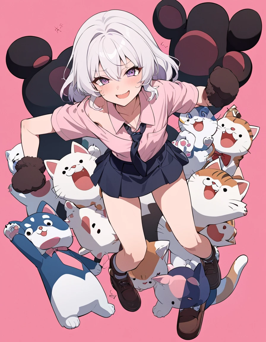 Anime masterpiece, one beautiful catgirl with white hair wearing a school dress and ((big cat paw plush gloves)) with big plush cat paw. The girl have loose shirt with loose long necktie, off-shoulder shirts, and cute mini skirt. 
She have cute face neko details, a roaring smile, and is in a playful playing pose with cat-like roaring with a pow higher than the other one. The scene in anime style, with pink flat background. Nearly Full body composition