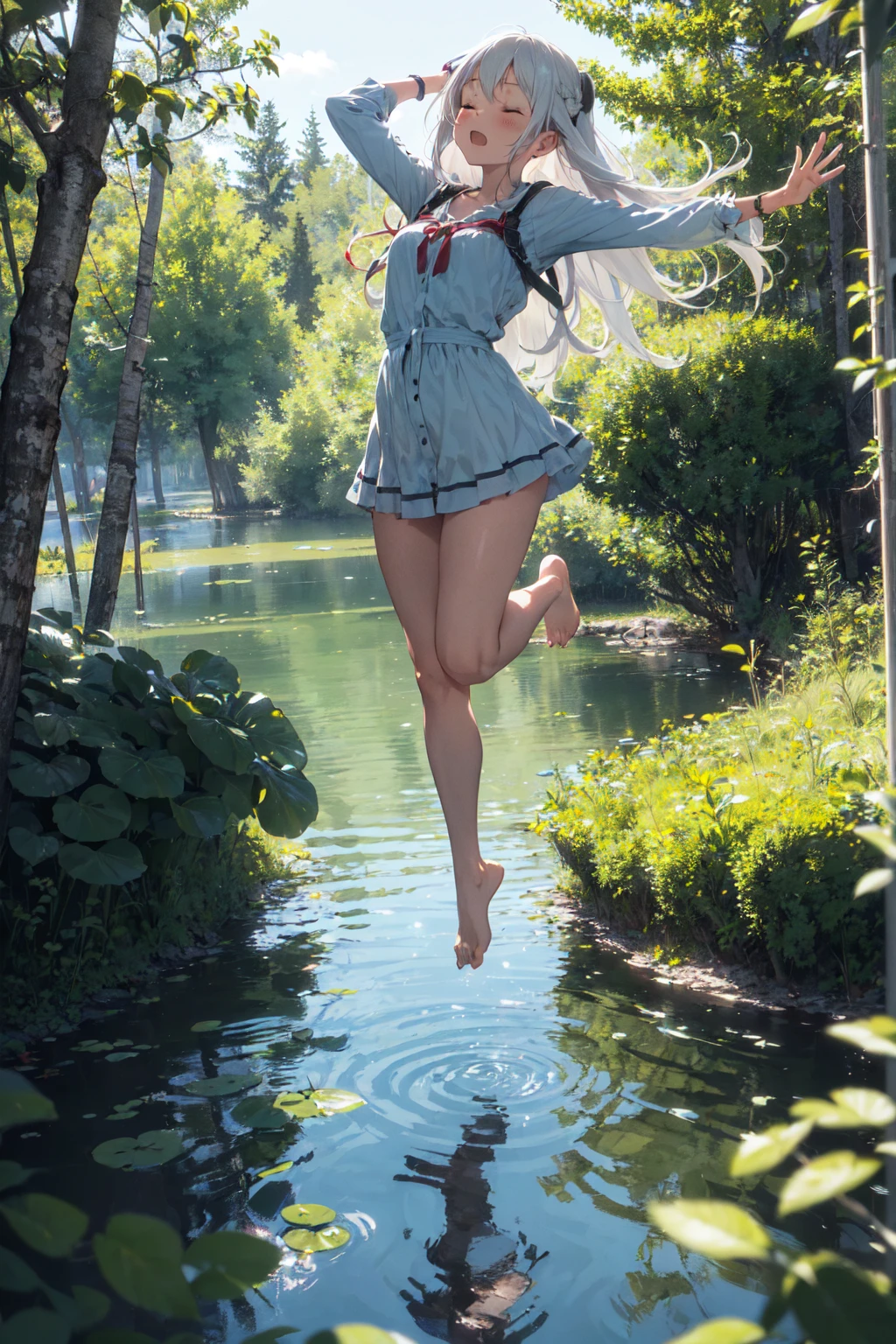 deep forest, (mysterious girl, white long hair:1.4), (jumping to rock in lake:1.3), detailed face, closed eyes, standing on lake in forest, full body, panorama view, magnificent view, absurdres, 8k, detailed plants