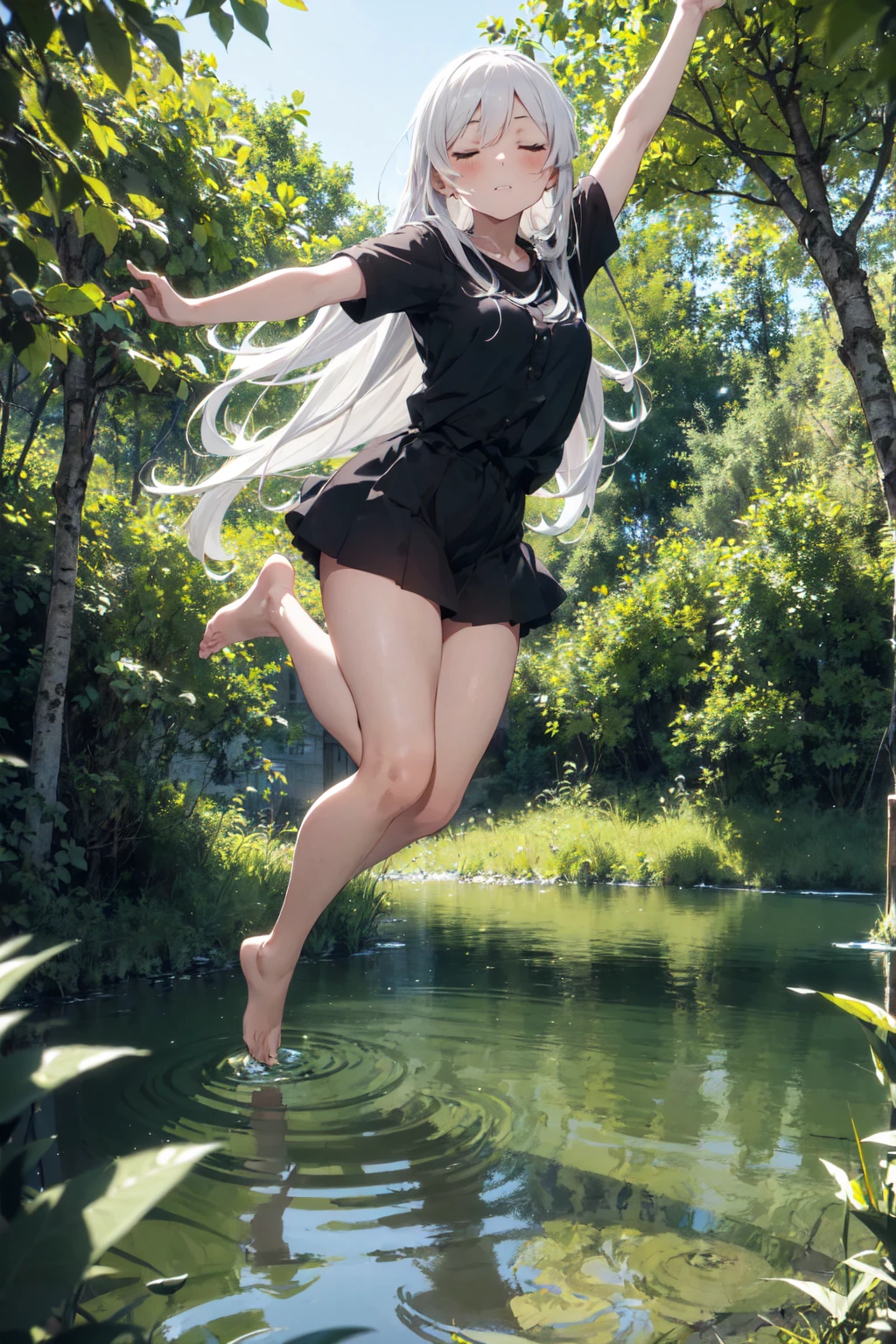deep forest, (mysterious girl, white long hair:1.4), (jumping to rock in lake:1.3), detailed face, closed eyes, standing on lake in forest, full body, panorama view, magnificent view, absurdres, 8k, detailed plants