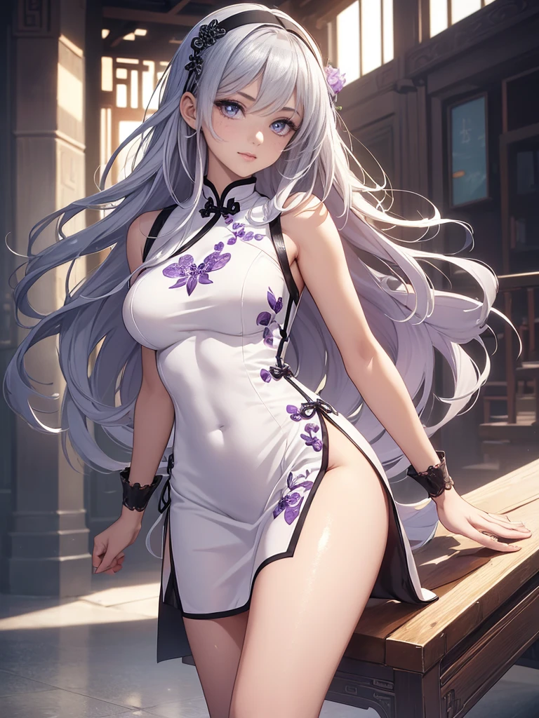 (1girl, solo), (full body:1.5), full body front, ((standing)), (perfect anatomy, perfect hands, perfect legs, perfect body), beautiful body, natural proportions BREAK
(((extremely detailed face))), (beautiful detailed eyes:1.6), (realistic pupils, realistic iris:1), expressive eyes, looking at viewer, (clear eyes:1.3), (hyperrealistic:1.2), (detailed skin texture:1.2), smooth skin, ((purple eyes)), ((silver hair)), silver hair with blue tips, long hair, (hairband:1.3), ((black hairband)), bangs, ((hair ornament)), (smile), blush, large breast, (detailed lips:1.3), (attractive lips:1.2), (glossy lips:1) BREAK
((a sexy woman dressed in a mini qipao dress)), qipao, ((white qipao:1.5)), (mini qipao:1.5), dress, ((china dress)), (mini dress:1.5), (bare legs:1.3), ((chinese clothes)), ((high slit qipao)), thighs, ass visible through thighs, ((bare shoulders)), high heels BREAK
(minimal background:1.1), (simple background:1.1) BREAK
(masterpiece:1.2), anime-style, top quality, best quality, (beautiful and aesthetic:1.2), (ultra detail:1.3), Ultra-detailed depiction, Ultra-precise depiction, extremely detailed 8k illustration, high resolution, (highly detailed shading), (realistic lighting:1.2), perfect lighting, vibrant colors, dynamic tones, striking hues, 8k, absurd resolution, perfect shadows, hdr, UHD, ambient lighting, realistic, ultra-realistic, photo realistic, highly detailed, rich detail, luminous colors, fine texture, intricate design, professional illustration, (soft light:1.2), (illustration:0.8)