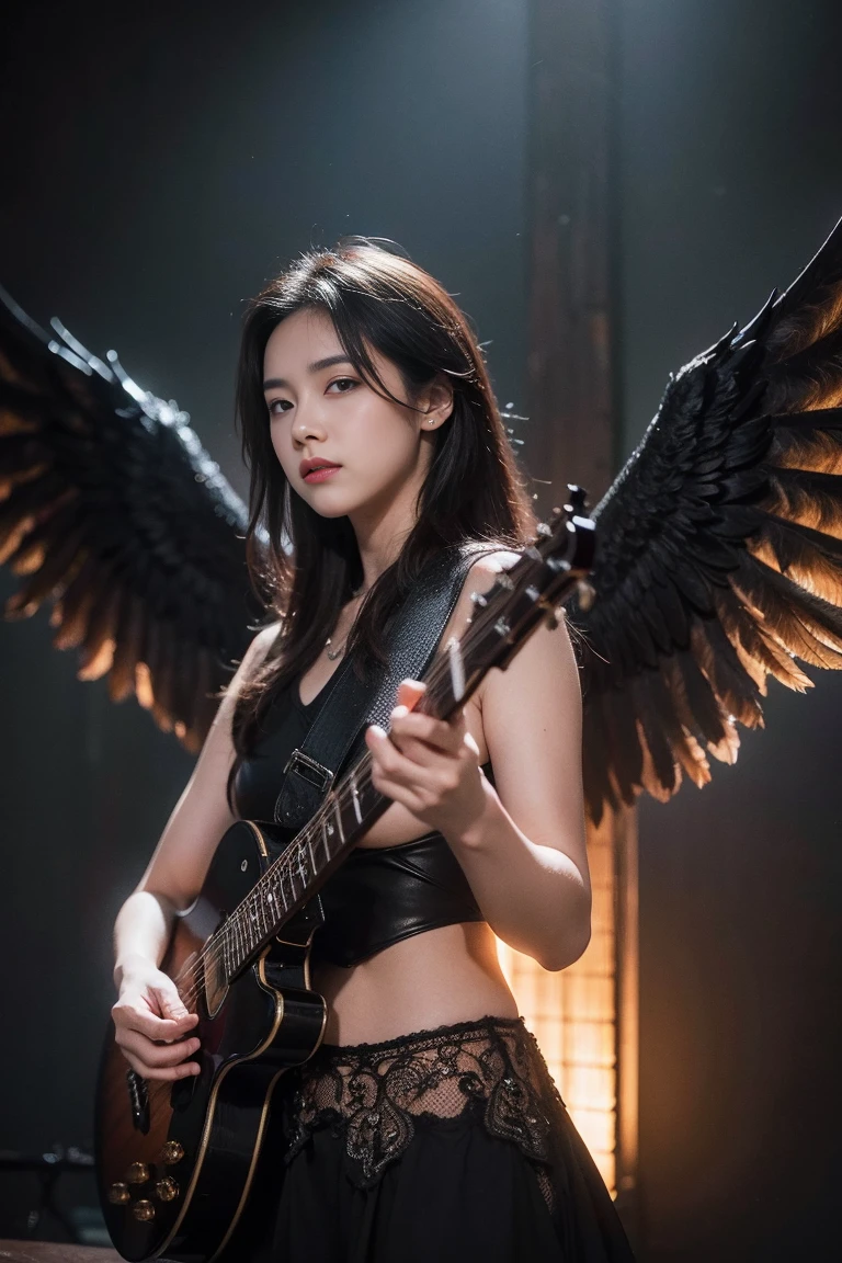 masterpiece, best quality, 8K, HDR, ultra detailed, masterpiece, absurdres, extremely detailed, A woman with a guitar and wings in a smokey photo