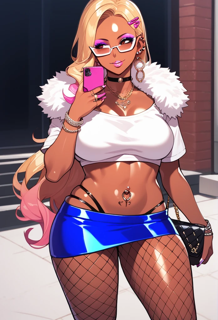 Score_9, score_8_up, score_7_up, score_6_up, source_anime, rating:general, 1girl, slutty_clothes, makeup, 1girl, solo, dark-skinned female, blonde hair, dark skin, phone, jewelry, sunglasses, earrings, long hair, crop top, handbag, very long hair, hair ornament, midriff, choker, makeup, bracelet, navel piercing, miniskirt, piercing, hairclip, necklace, ring, looking to the side, brown eyes, smile, sparkle, cowboy shot, cropped shirt, blue skirt, fur trim, alternate costume, short sleeves, forehead, white shirt, standing, gyaru, glasses, fishnets, ear piercing, tattoo, fur-trimmed skirt, eyeshadow, parted lips