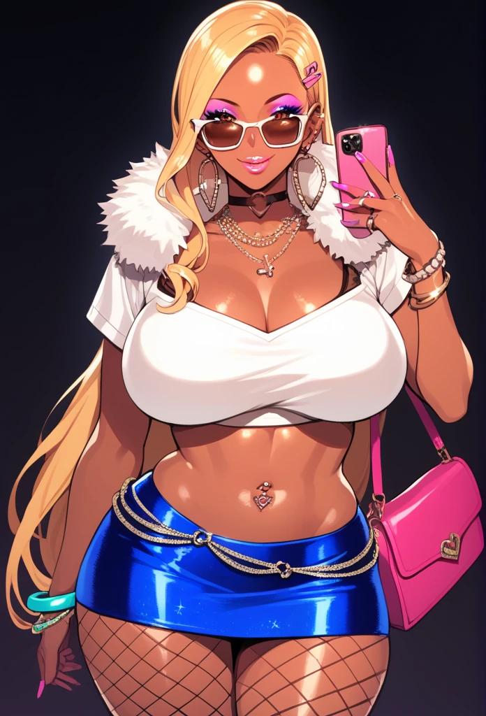 Score_9, score_8_up, score_7_up, score_6_up, source_anime, rating:general, 1girl, slutty_clothes, makeup, 1girl, solo, dark-skinned female, blonde hair, dark skin, phone, jewelry, sunglasses, earrings, long hair, crop top, handbag, very long hair, hair ornament, midriff, choker, makeup, bracelet, navel piercing, miniskirt, piercing, hairclip, necklace, ring, looking to the side, brown eyes, smile, sparkle, cowboy shot, cropped shirt, blue skirt, fur trim, alternate costume, short sleeves, forehead, white shirt, standing, gyaru, glasses, fishnets, ear piercing, tattoo, fur-trimmed skirt, eyeshadow, parted lips