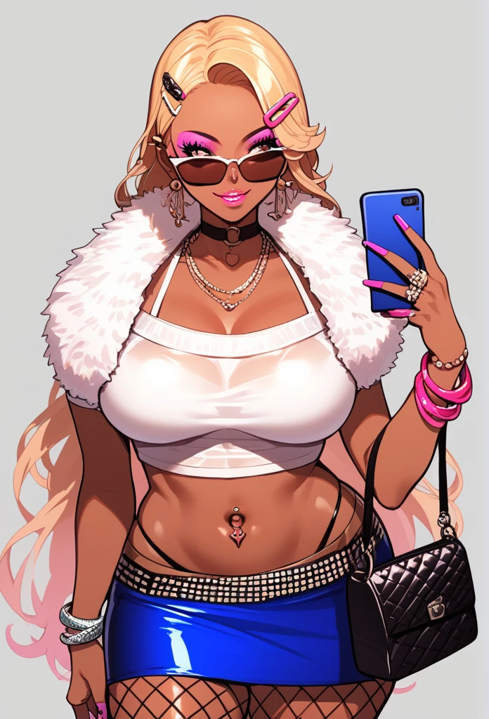 Score_9, score_8_up, score_7_up, score_6_up, source_anime, rating:general, 1girl, slutty_clothes, makeup, 1girl, solo, dark-skinned female, blonde hair, dark skin, phone, jewelry, sunglasses, earrings, long hair, crop top, handbag, very long hair, hair ornament, midriff, choker, makeup, bracelet, navel piercing, miniskirt, piercing, hairclip, necklace, ring, looking to the side, brown eyes, smile, sparkle, cowboy shot, cropped shirt, blue skirt, fur trim, alternate costume, short sleeves, forehead, white shirt, standing, gyaru, glasses, fishnets, ear piercing, tattoo, fur-trimmed skirt, eyeshadow, parted lips