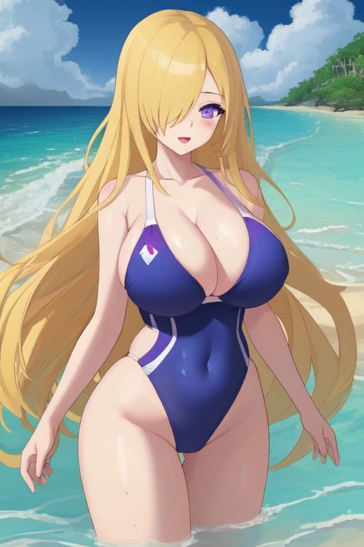 ((Best Quality)), ((Masterpiece)), (detailed), 1 girl, Pastel yellow hair, long hair, hair covers one eye, purple eyes, tight, big breasts, big thighs, Swimsuit, beach in the water happy