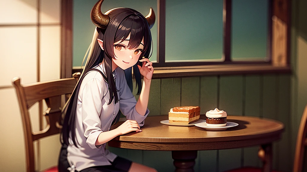 establishing shot, Best Quality, Masterpiece, high resolution, detailed, albedo, demon horns, Very long black hair, (SMILE:0.8), sitting in a chair at a table in a bakery, tea and cake on the table, garden in the background outside the window, wearing nothing