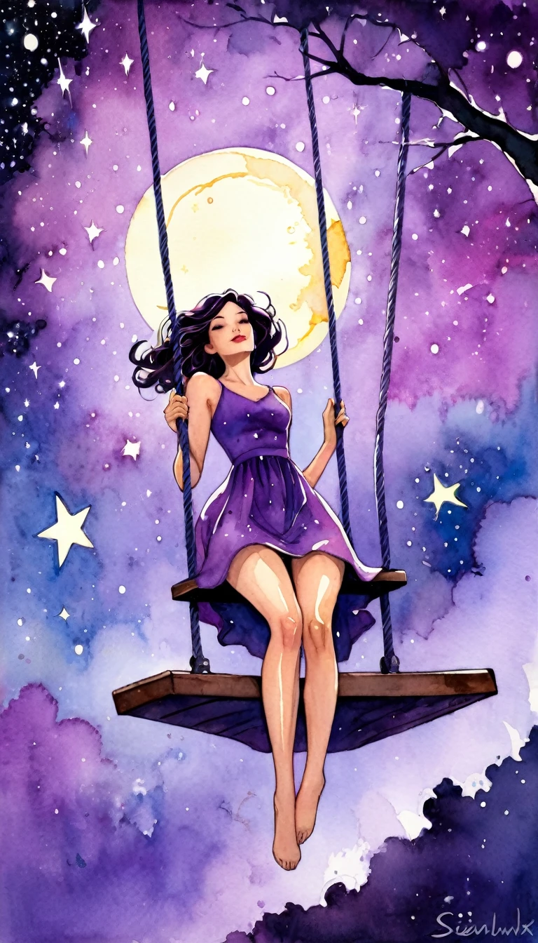 a cartoon drawing a sexy girl in a purple dress riding a swing in the air, 1girl, solo, dress,starlight, star,watercolor (art inspired by Bill Sienkiewicz ). oil painting)