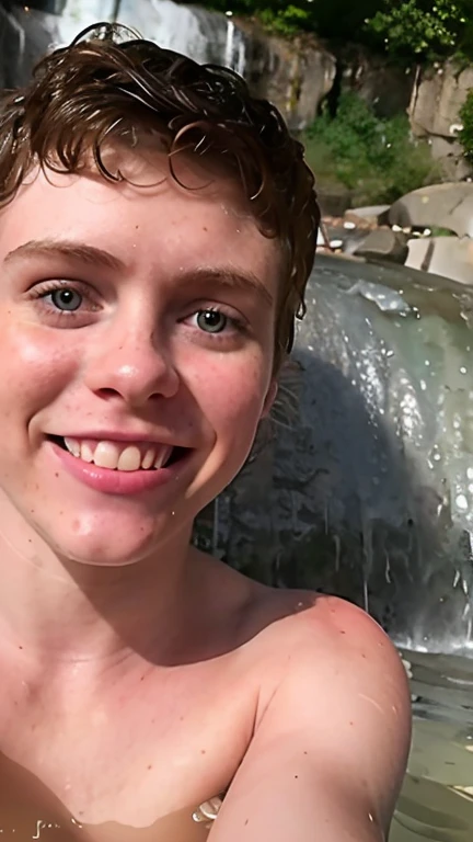  Sophia Lillis naked coming out of a waterfall,SMILE,, bare chest, freckled face,whole bodies, legs open, Closed mouth, front view, taking a selfie, wet, drops of water running down the face,short hair,wet hair ,,pink nipples,  freckles on the chest,visible ribs, muscular ,Delgado, Skinny, hairy vagina ,