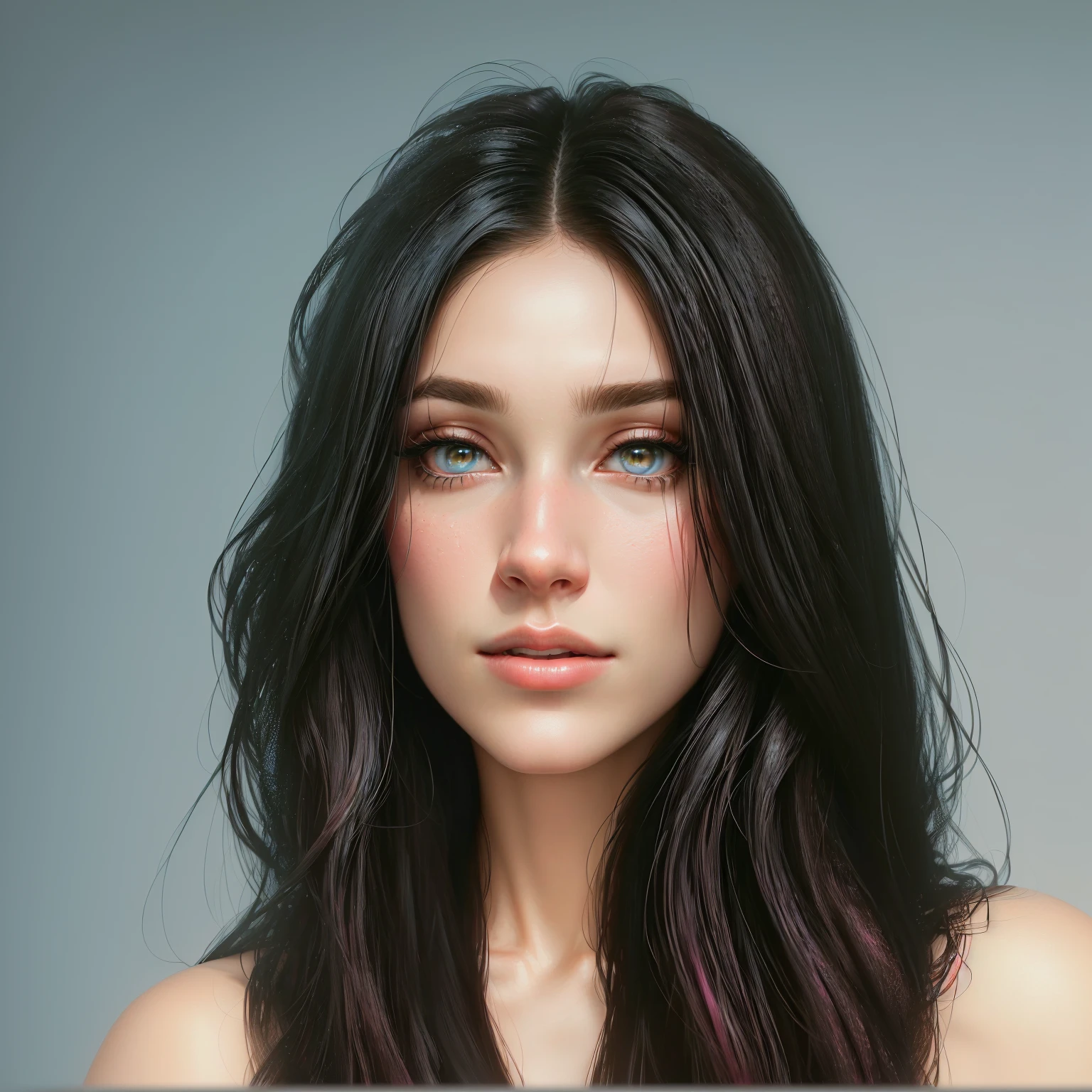There is a woman with long hair and a pink lipstick, realistic digital painting, photobeautiful realistic face, beautiful realistic face, ultra realistic digital painting, photorealistic digital painting, beautiful realistic face, true-to-life portrayal, very Realistic digital artwork, hyperbeautiful realistic face, highly Realistic digital artwork, hyperrealistic digital painting, Realistic digital artwork, realistic digital illustration, ultra true-to-life portrayal