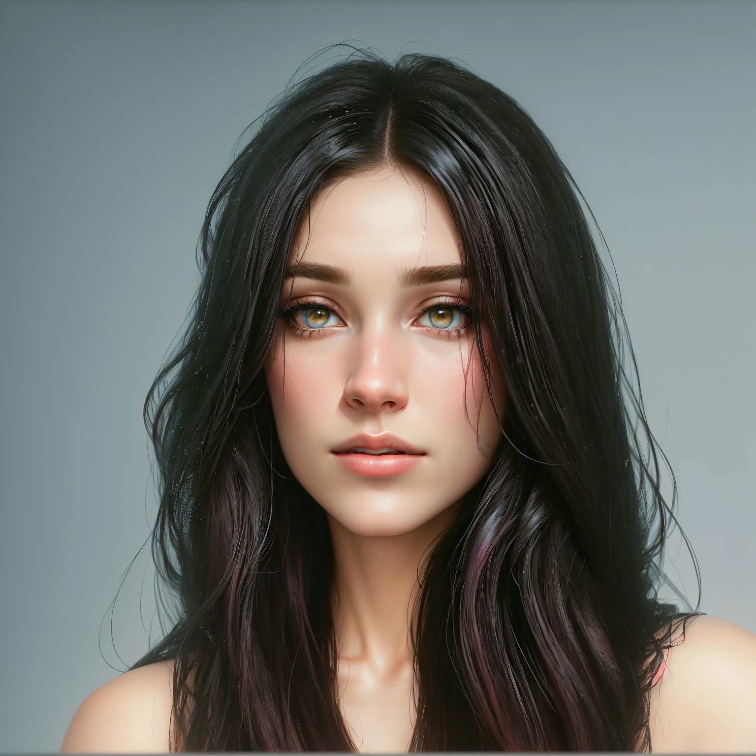 There is a woman with long hair and a pink lipstick, realistic digital painting, photobeautiful realistic face, beautiful realistic face, ultra realistic digital painting, photorealistic digital painting, beautiful realistic face, true-to-life portrayal, very Realistic digital artwork, hyperbeautiful realistic face, highly Realistic digital artwork, hyperrealistic digital painting, Realistic digital artwork, realistic digital illustration, ultra true-to-life portrayal