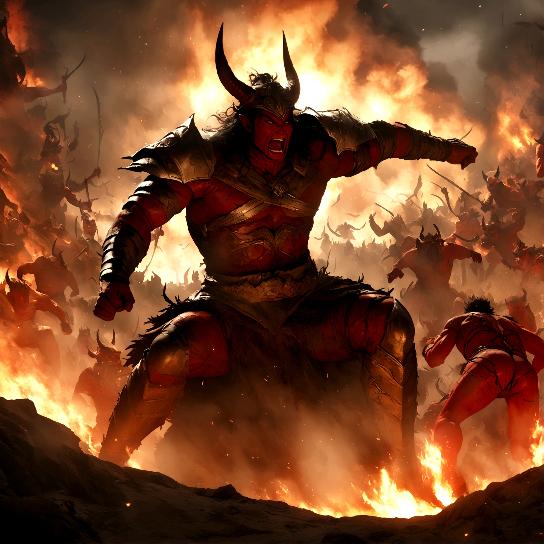 Detailed, HD , 4k, (Anime human warrior) in hell, warrior, demons, hell, fight, dynamic, VFX