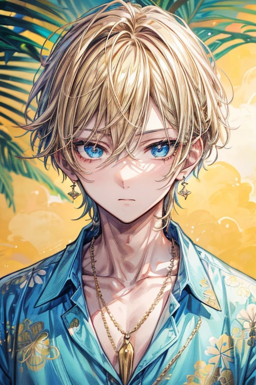 (masterpiece, best quality, perfect face, expressive eyes), 1boy, (anime), (male), blonde hair, cyan eyes, hawaiian shirt, gold necklace, gold earrings,