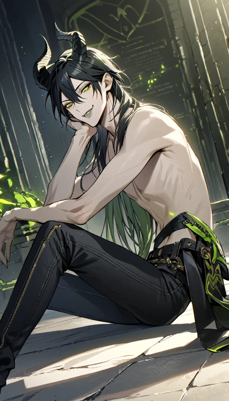 masterpiece, highres, absurdres, illustration, 1boy, sitting on floor, topless, black leather jacket, jeans, dynamic angle, malleus draconia (twisted wonderland) horns, bishounen, boy, male, yana Toboso style, long hair, black hair, yellow green eyes, smile, gray lips, handsome, skinny, tall, yellow green glow,
