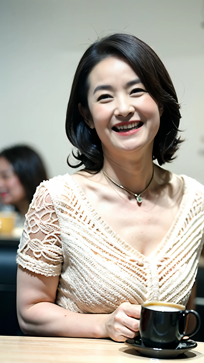 8k wallpaper, masterpiece, Highest quality, Super detailed, One Mature Woman, 50 years old, Become very clear, Wearing a short-sleeved knit, Skin dents, Captivating smile, Looking at the audience, Cleavage, plump, Curvaceous, Fascinating face, Smiling with teeth showing, I was happy, Sitting in a cafe, Background Blur