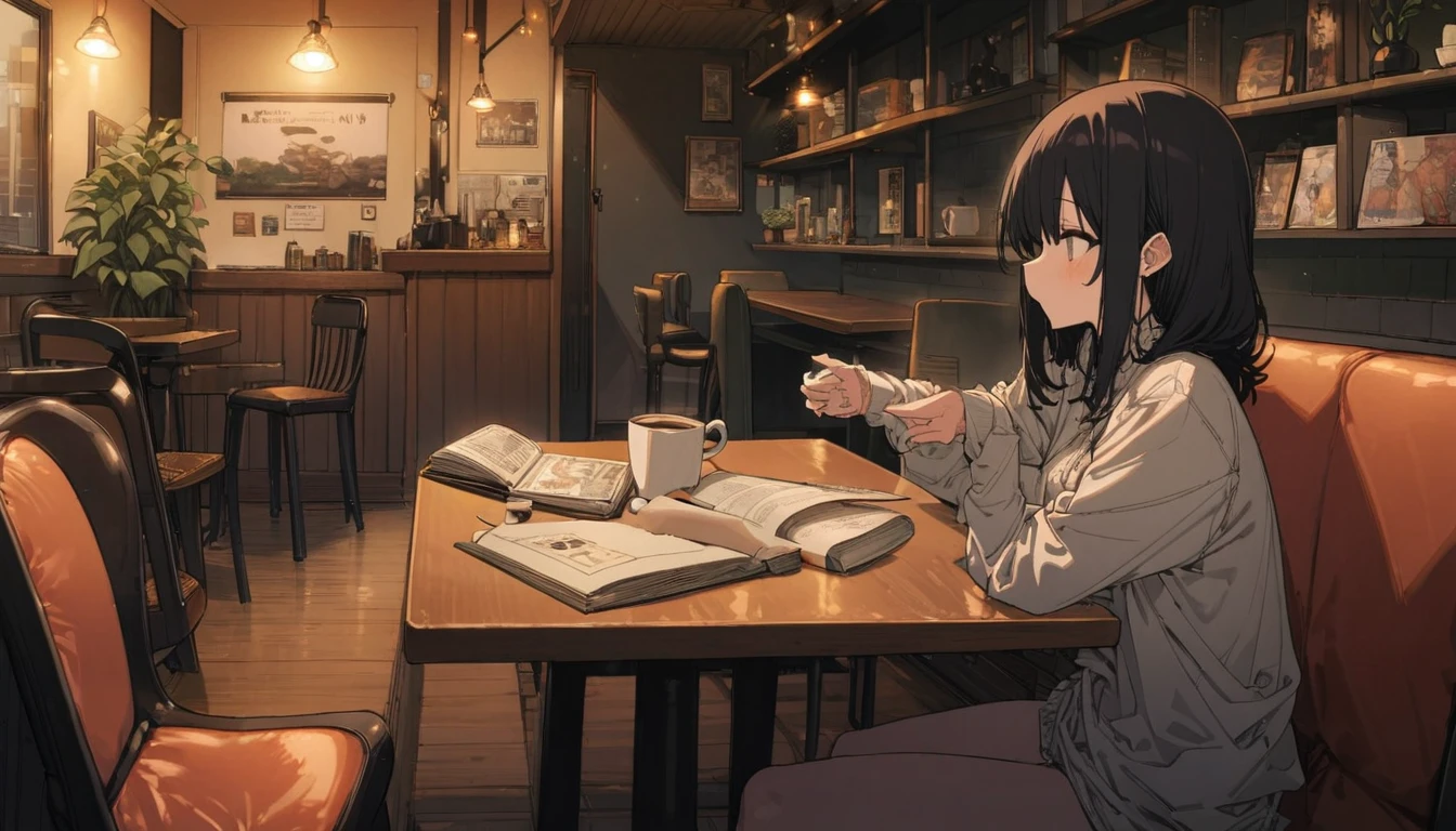 ((anime:1.4,figure)),(masterpiece, Highest quality, Highest quality),(Super detailed, The absolute solution),((16K, High resolution)), (((Cozy café interior,evening, Comfortable chair, Book, soft,A cup of steaming coffee on a table, Warm indirect lighting creates a calm atmosphere))), ((anime:1.4, figure)),(masterpiece, Highest quality, Highest quality),(Super detailed, The absolute solution),((16K, High resolution)) break {Lofi Art, Laurie Griesley's style, Makoto Shinkai's Style, anime aesthetic}, break { (Generates images with over 40 million pixels of information with the detailed texture of films shot with Sony SLR cameras。).}