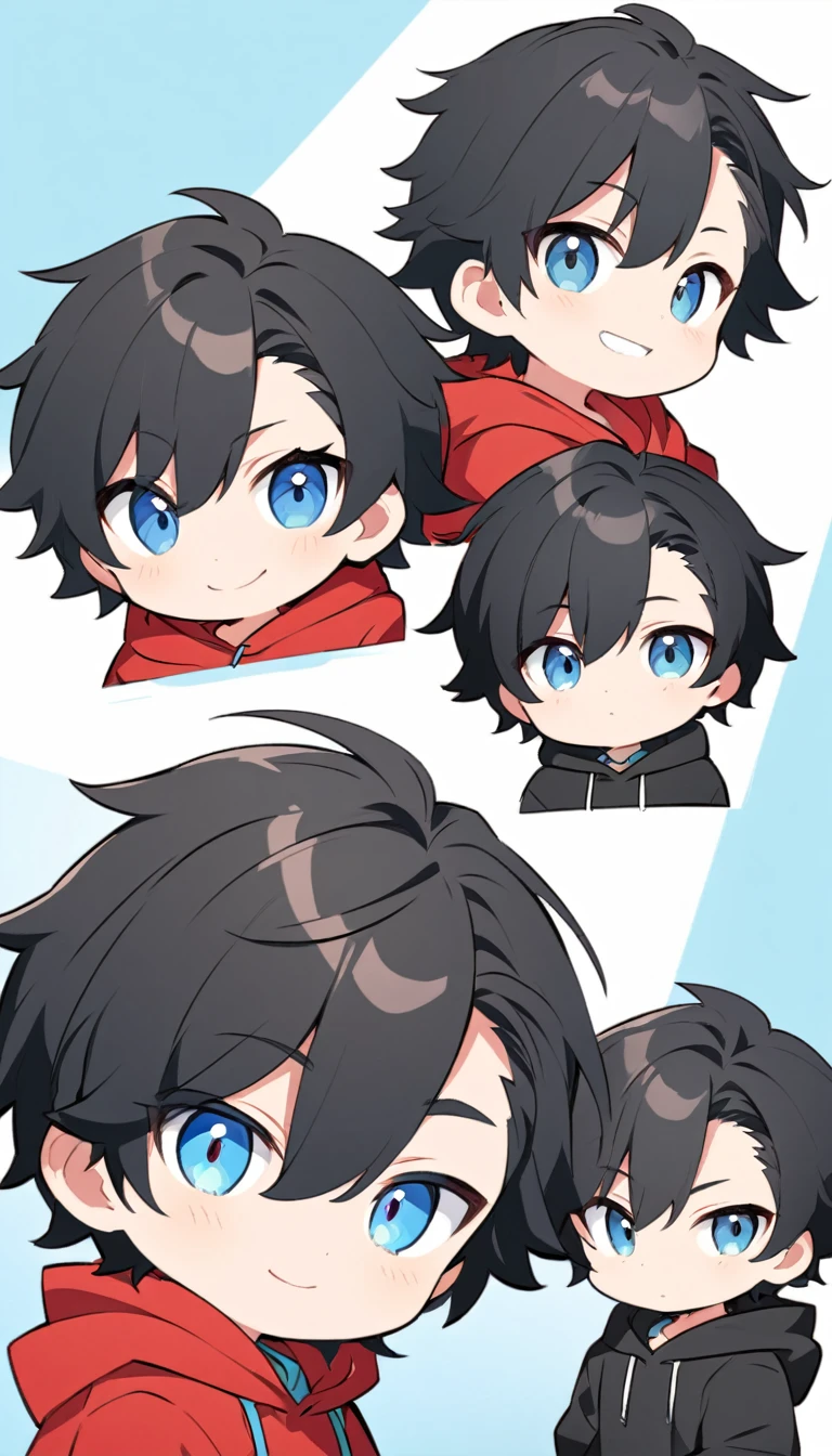 Create an anime style illustration. The character is in chibi style. The character is a young man with short black hair and blue eyes. He is wearing a red hoodie with a black hood. The character has a slightly mischievous expression. He is smiling with one corner of his mouth turned up. The background is a simple light blue color.