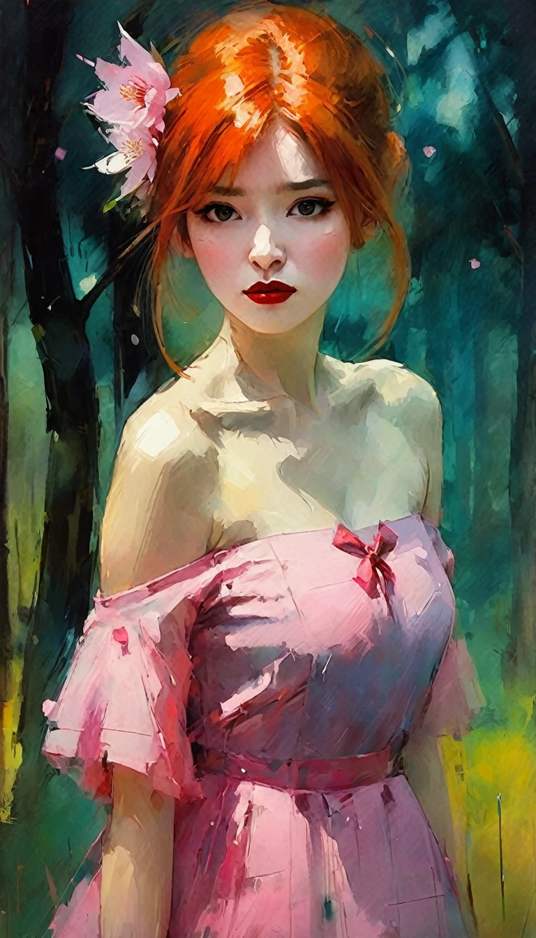 1 y girl, Sakura in mr villian day off, hair medium to shoulder, hair pink, with 2 sakura flower on the hair, wearing a cute pink dress, background is filling with a sakura flower and one sakura tree, pose standing wish under the tree, Soft, kawaii, detail,bicoil painting, impressionism (art inspired by Bill Sienkiewicz ). oil painting)