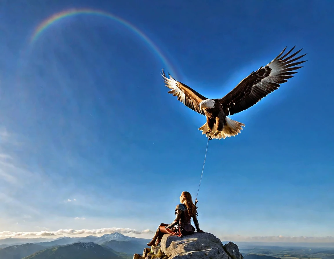 (Une femme sublime archeress assise sur le dos d'un immense aigle), s'envole dans un ciel radieux, (un seul arc tendu à la main), long cheveux flottants, la flèche tendue vers le soleil couchant, une flèche vient d'être décochée,  vue de côté , pose dynamique , bouche ouverte elle hurle sa rage de vaincre , ((archeress , en lévitation)) , proportions parfaites, masterpiece, hyperRéaliste, masterpiece, superior quality, high resolution, Extremely detailed, highly detailed 8K wallpaper, détails fractales, 