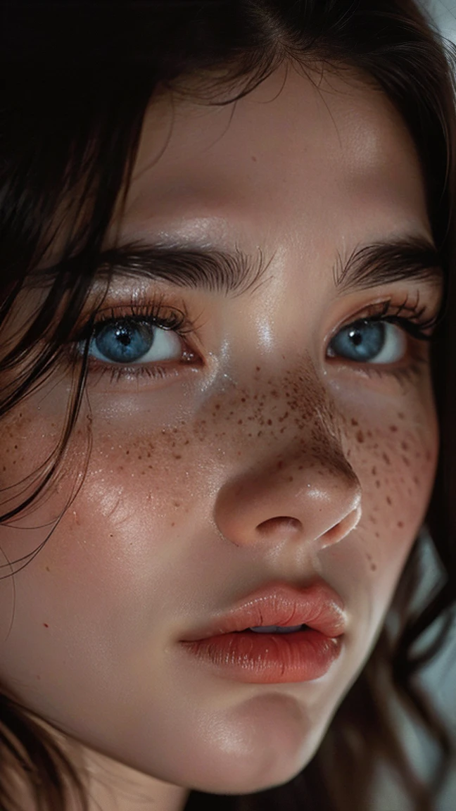 (((ultra realistic))) Photo, Masterpiece, Superior quality, pale skin, (ultra detailed face and eyes.:1.2), [instead_eyes], ultra detail, fog, NSFW, (Expressionless) , portrait young woman, White skin, Raven haired, slim, cara slim, eyes the color of honey, Red cheeks, pink lips, small eyes, upturned and thin nose, thick and big eyebrows, with few and small freckles on the nose, long wavy hair ((close-up portrait))