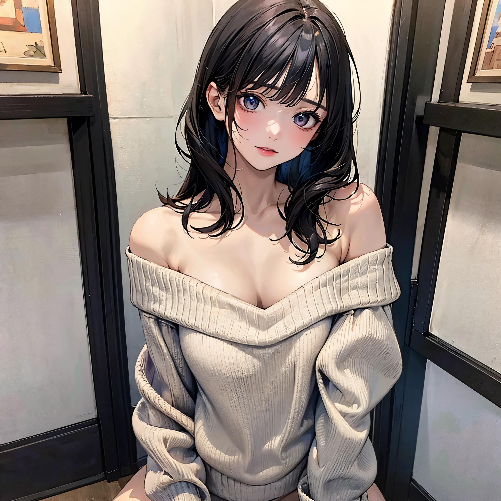 ((best quality)), ((masterpiece)), (detailed), 1girl. off-shoulder sweater. Bottomless. Black hair. Spread legs. Cleavage. Vagina. Small breast.