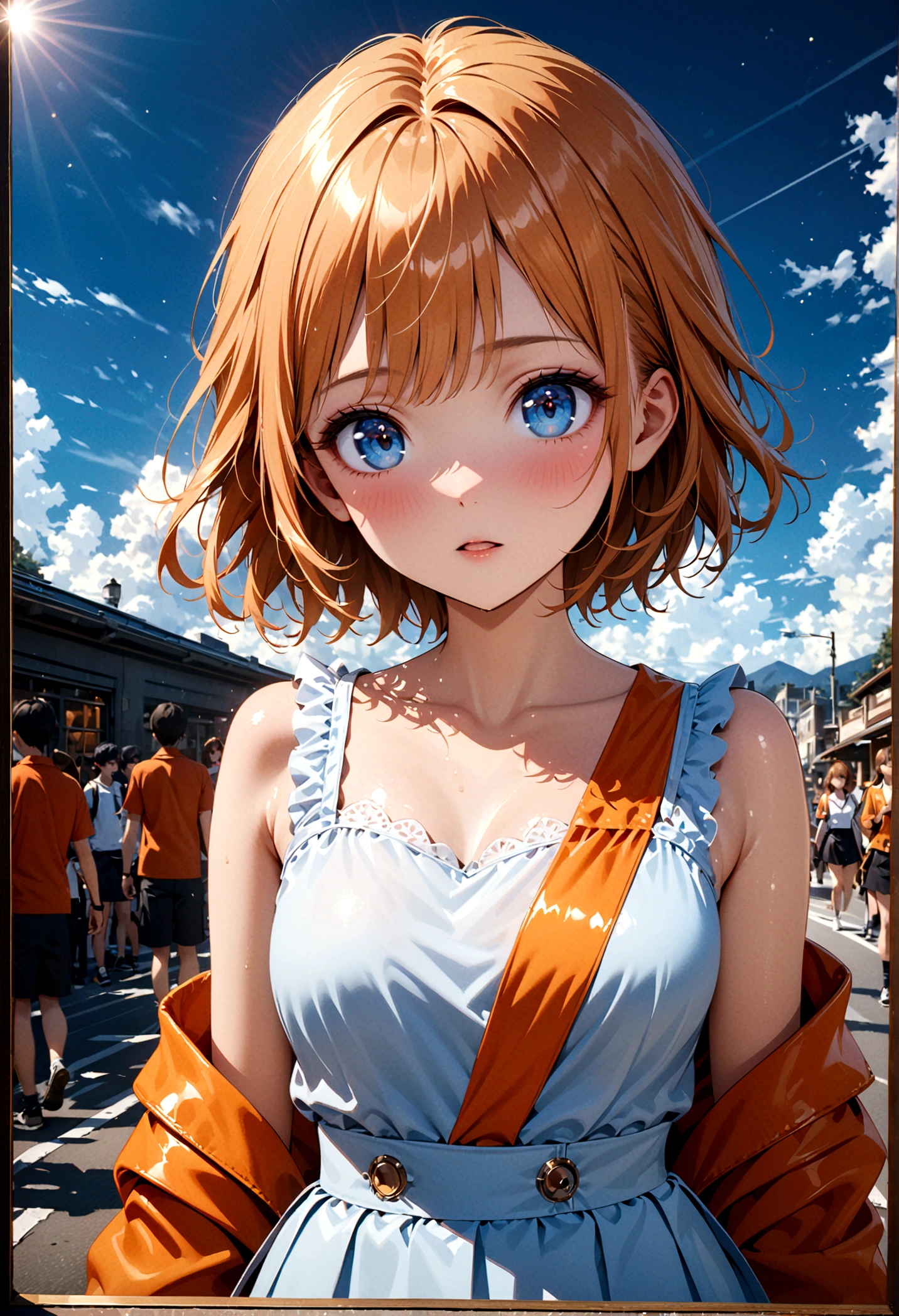High quality beautiful blue eyes, full body expression, 1 girl, alone, blue sky background, bright, blue sky, clouds, sunny, student, youth, blue and white main color, orange sub color, alone focus, love , accessories, beautiful hairstyle, beautiful, beautiful eyes, shiny, high resolution, zoom out, youthful love, quality \(8k, very detailed CG unit wallpaper, masterpiece, high resolution, top-quality, top -Quality real texture skin,surrealistic,increase resolution,RAW photo,highest quality,highly detailed,wallpaper,cinema lighting,ray tracing,golden ratio\),