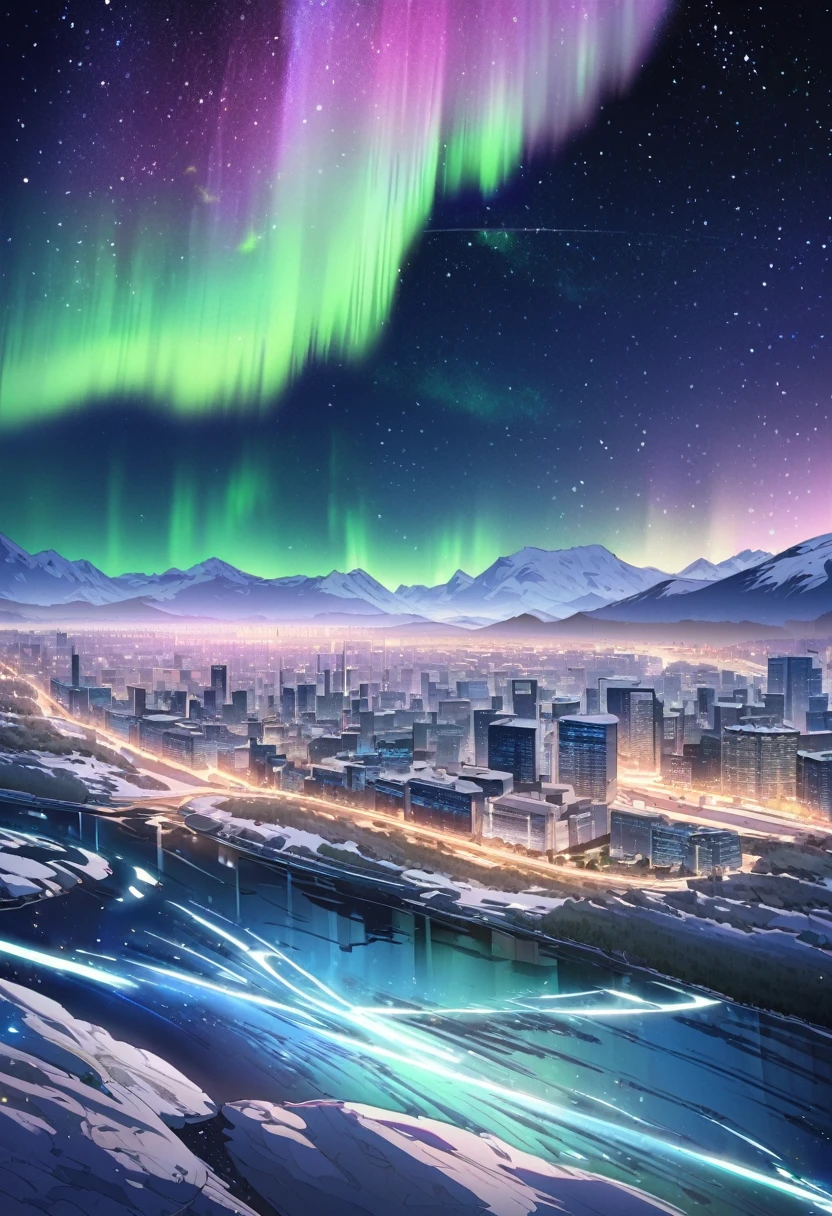 Beautiful view with simple but modern buildings on the river bank, views of the bright starry sky and the aurora. beautiful space view. Manhwa style. 