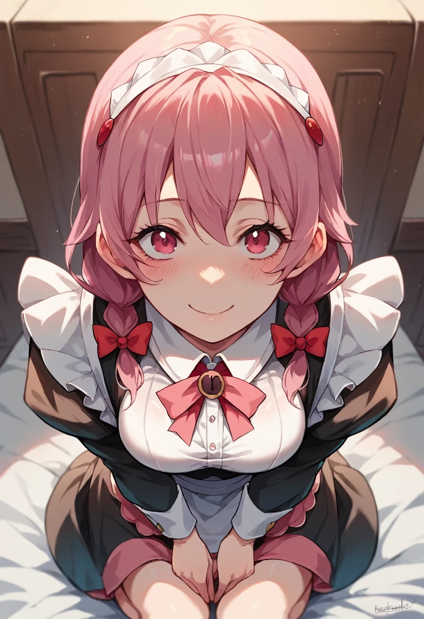 Yuno Gasai, 1 girl, alone, pink hair, long hair, dressed as a sexy and submissive maid, smile, blush, pink eyes, skirt, two stories, bun, pov, on her knees reliving her master