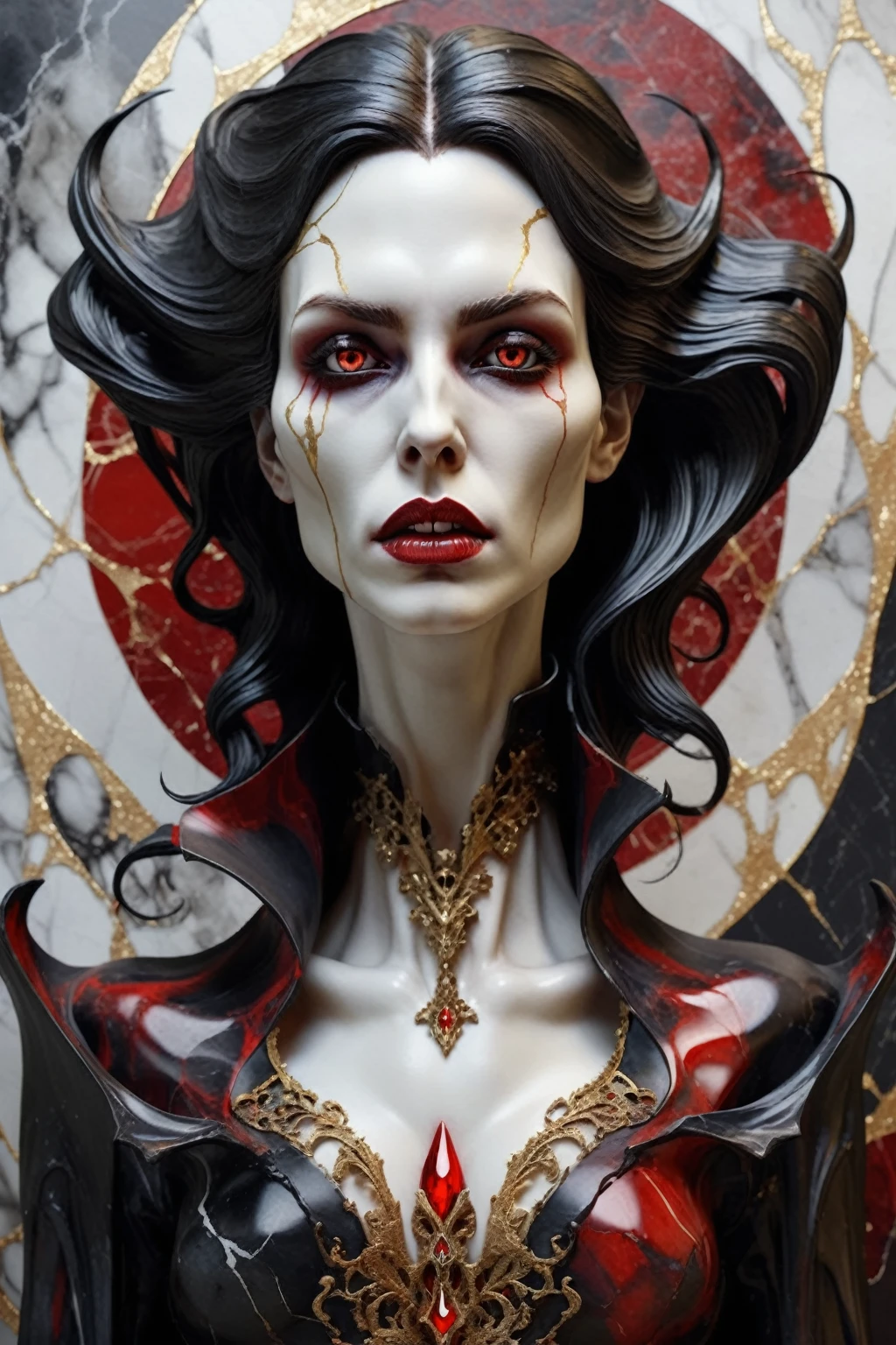 a beautiful illustration of a vampire woman made from an abstract marble texture, with colors of black, red and gold, highly detailed, intricate design, marble material, BY Anne Bachelier,