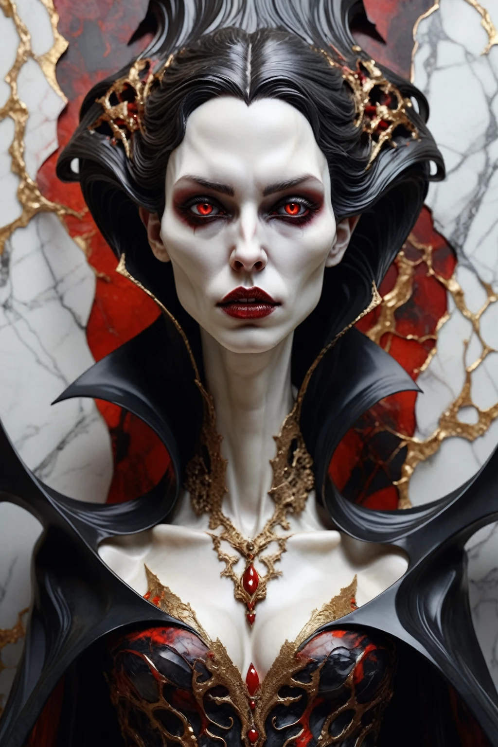 a beautiful illustration of a vampire woman made from an abstract marble texture, with colors of black, red and gold, highly detailed, intricate design, marble material, BY Anne Bachelier,