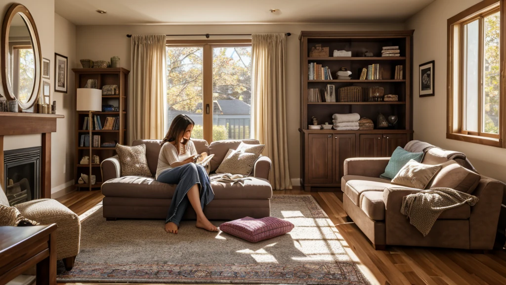 high-resolution, ultra-realistic, 4K, cinematic image of a serene living room bathed in warm natural light, with a busy mom folding laundry while immersed in an audiobook, surrounded by neatly stacked piles of clothes and a cozy atmosphere.