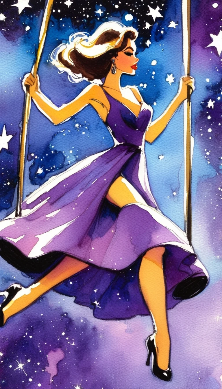 a cartoon drawing a sexy girl in a purple dress riding a swing in the air, 1girl, solo, dress,starlight, star,watercolor (art inspired by Bill Sienkiewicz ). oil painting)