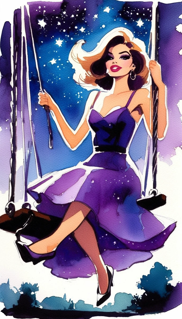 a cartoon drawing a sexy girl in a purple dress riding a swing in the air, 1girl, solo, dress,starlight, star,watercolor (art inspired by Bill Sienkiewicz ). oil painting)